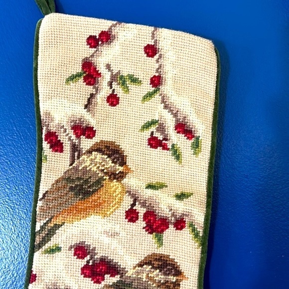 Vintage Needlepoint Christmas Doves on Snow Covered Tree Velvet Backed Stocking - Picture 2 of 6